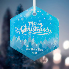 カスタムブルークリスタルスノー&フォレストメリークリスマス ガラスオーナメント