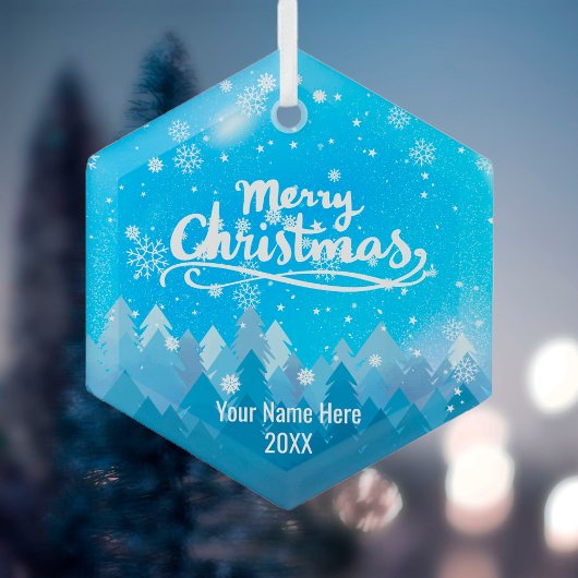 カスタムブルークリスタルスノー&フォレストメリークリスマス ガラスオーナメント