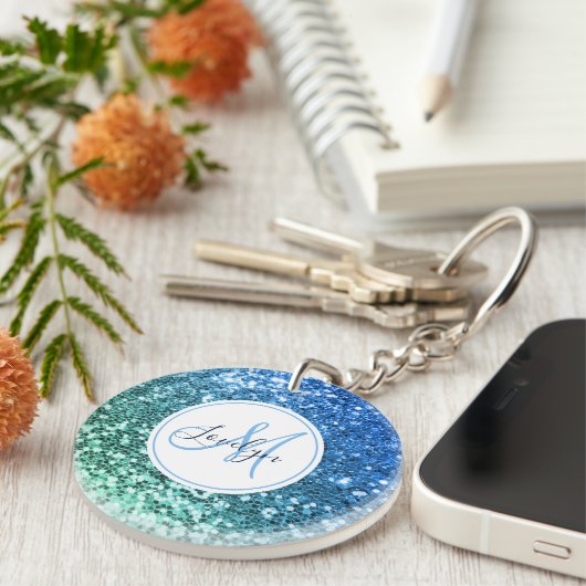 カスタムブルーグリッターマーメイドモノグラムの名 キーホルダー (正面右)