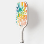 カスタムブルーグリーンパープルオレンジレトロ絞り染めアート ピックルボールラケット (左)