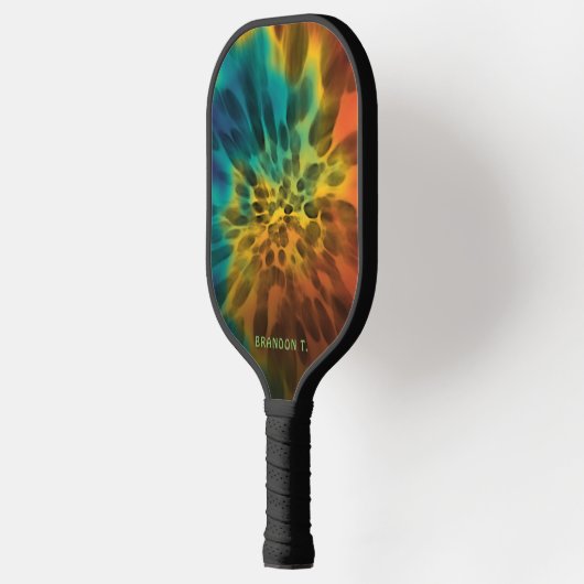 カスタムブルーグリーンパープルオレンジレトロ絞り染めアート ピックルボールラケット (左)