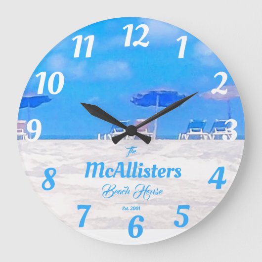 カスタムブルーコーストビーチハウス ラージ壁時計 (正面)