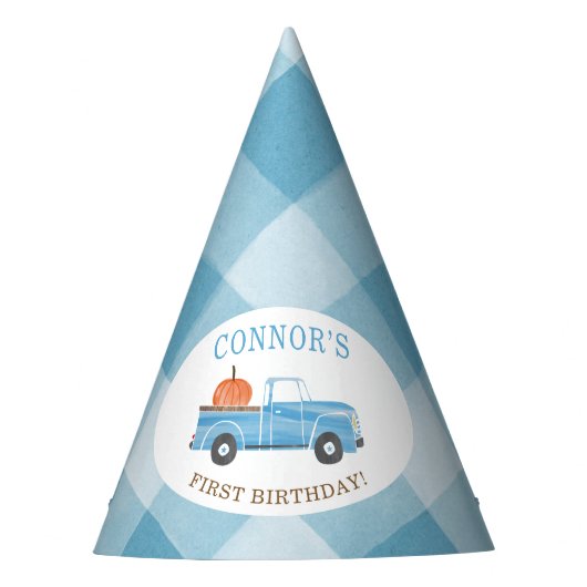 カスタムブルートラック&パンプキン秋1st誕生日 パーティーハット (正面)