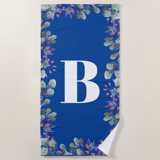 カスタムブルーパープルフローラホワイトタイポグラフィ ビーチタオル (正面)