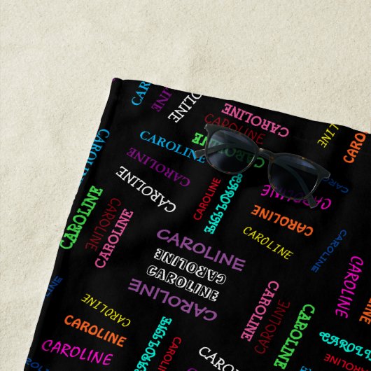 カスタムブルーピンクグリーンオレンジパープルネームブラック ビーチタオル (インサイチュ)