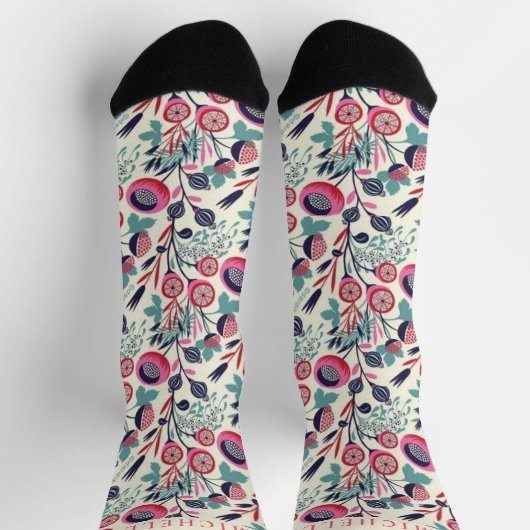 カスタムブルーピンクフローラ白い花 ソックス (上部)