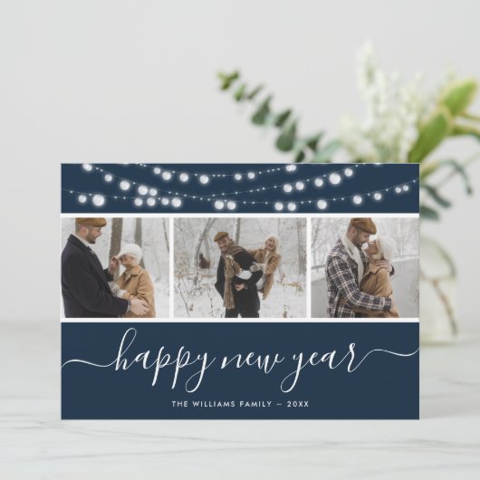 カスタムブルーフォトコラージハッピーニューイヤーカード シーズンカード (スタンド正面)