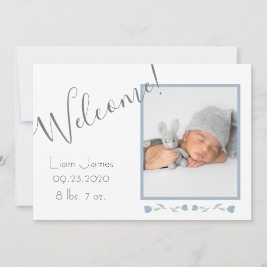 カスタムブルーフォト男の赤ちゃんウェルカム誕生 案内状 (正面)