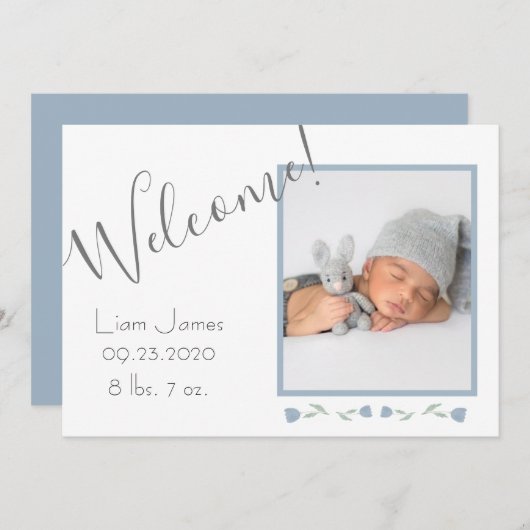 カスタムブルーフォト男の赤ちゃんウェルカム誕生 案内状 (正面/裏面)