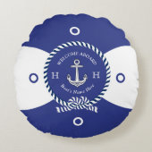 カスタムブルーホワイトいかりライフリングや輪航海のラウンド ラウンドクッション (正面)