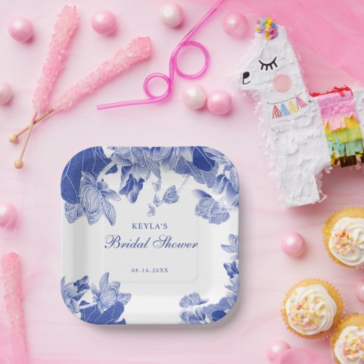 カスタムブルーホワエレガントイトフローラChinoiserie ペーパープレート (パーティー)