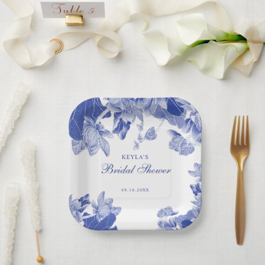 カスタムブルーホワエレガントイトフローラChinoiserie ペーパープレート (ウェディング)