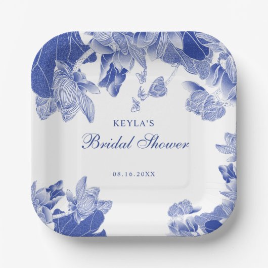 カスタムブルーホワエレガントイトフローラChinoiserie ペーパープレート (正面)