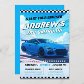 カスタムブルーレースカー誕生日パーティー 招待状 (正面/裏面)