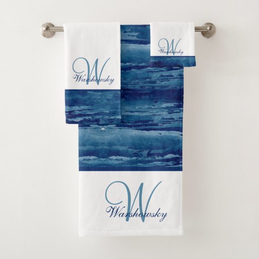 カスタムブルー水カラー白エレガントモノグラムの バスタオルセット (インサイチュ)