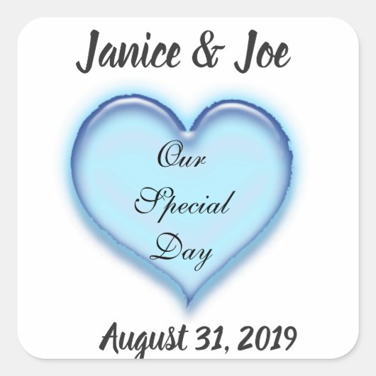 カスタムブルー結婚ハートデザイン スクエアシール (正面)