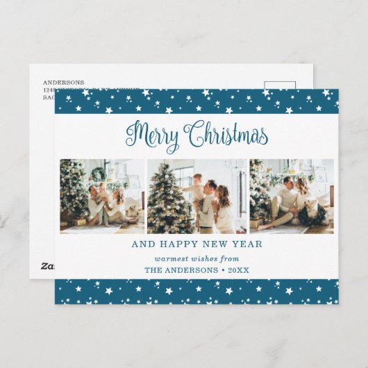 カスタムブルー3つ星クリスマスはがき シーズンポストカード (正面/裏面)