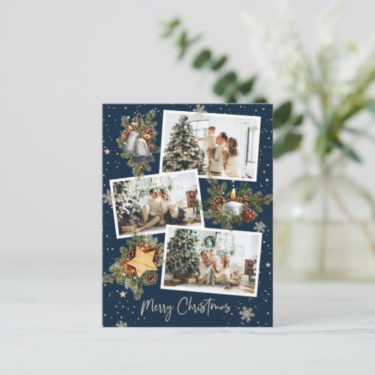 カスタムブルー3フォトコラージメリークリスマス ポストカード (スタンド正面)