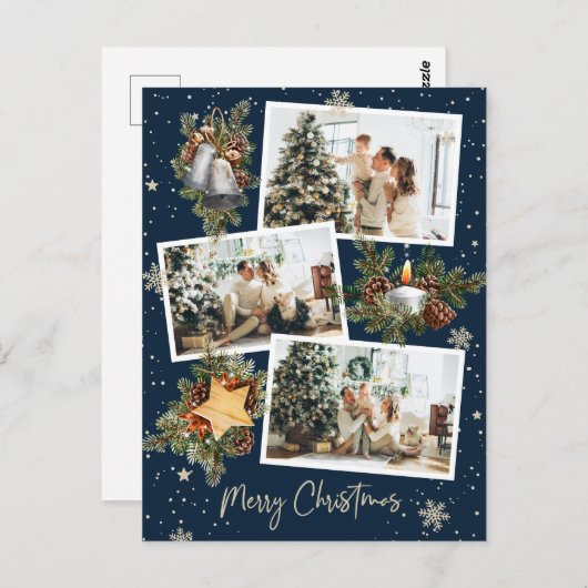 カスタムブルー3フォトコラージメリークリスマス ポストカード (正面/裏面)