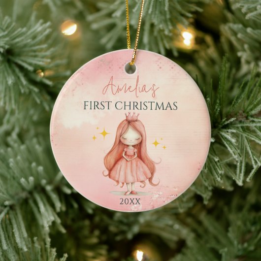 カスタムプリンセスピンクの女の子Keepsake 1stクリスマス セラミックオーナメント (ツリー)