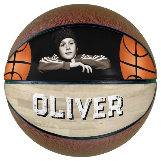 カスタムプレイヤー名ウッドフロア写真 バスケットボール (正面)