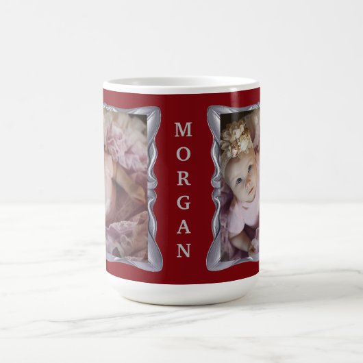 カスタムベビーの写真とシルバーフレファンシーームの名前 コーヒーマグカップ (中央)