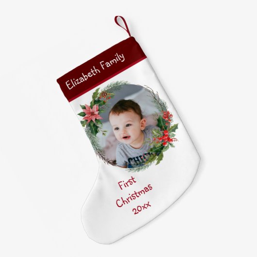 カスタムベビーの写真初めてのクリスマス – 年の名前 スモールクリスマスストッキング (裏面 (吊り時))