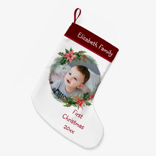 カスタムベビーの写真初めてのクリスマス – 年の名前 スモールクリスマスストッキング (正面 (吊り時))
