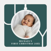 カスタムベビーの初めてのクリスマスフォトグリーン メタルオーナメント (正面)