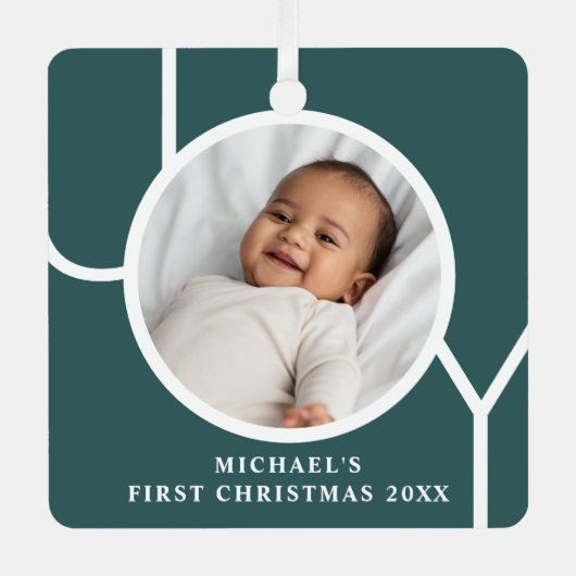 カスタムベビーの初めてのクリスマスフォトグリーン メタルオーナメント (正面)