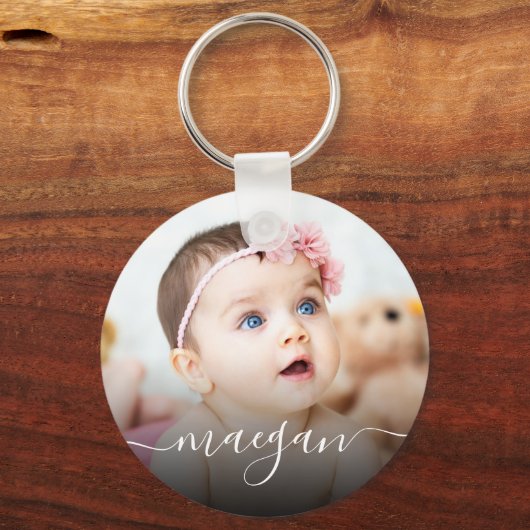 カスタムベビー写真の名前の手書きスクリプト キーホルダー (正面)