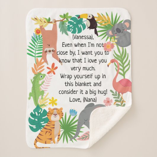 カスタムベビー名Safari Animals 縁ど シェルパブランケット (正面)