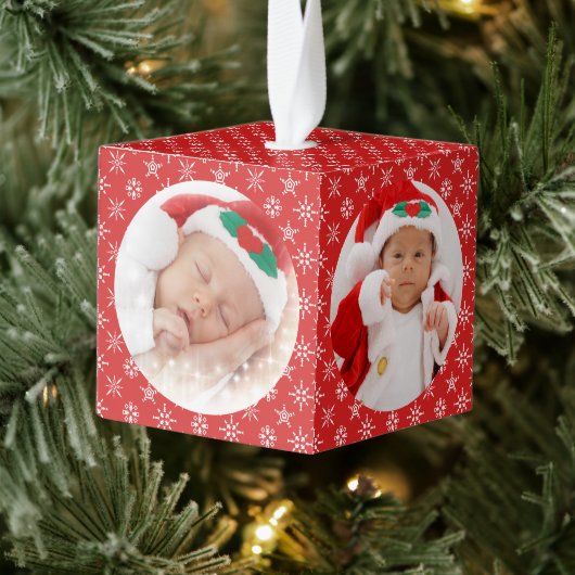 カスタムベビー赤とサンタの雪片 キューブオーナメント (ツリー)