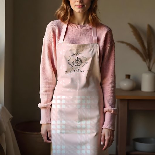 カスタムベーキングピンクプレイドキッチンウィスク&タルト エプロン