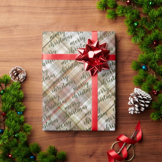 カスタムベージュクラシックブラウングレーホワイトギンガム ラッピングペーパー (クリスマスギフト)