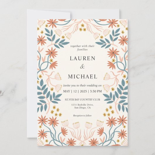 カスタムベージュピンクピーチテラコッタブロッサム結婚ズ 招待状 (正面)