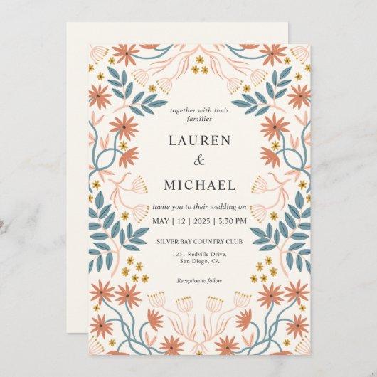 カスタムベージュピンクピーチテラコッタブロッサム結婚ズ 招待状 (正面/裏面)