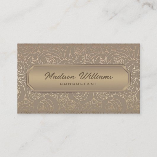 カスタムベージュブラウングレー金ゴールドフラワーズプロフェッショナル 名刺 (正面)