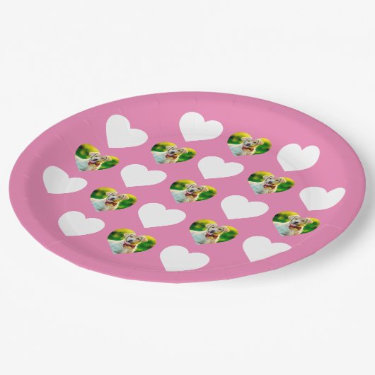 カスタムペットとハート模様ピンク ペーパープレート (アングル)