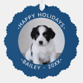 カスタムペットの写真と名前ブルー縁どホリデイ オーナメントカード (裏面)