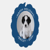 カスタムペットの写真と名前ブルー縁どホリデイ オーナメントカード (右)