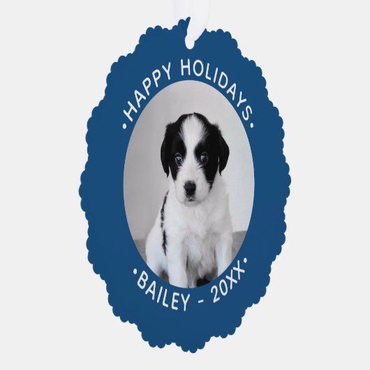 カスタムペットの写真と名前ブルー縁どホリデイ オーナメントカード (右)