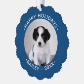 カスタムペットの写真と名前ブルー縁どホリデイ オーナメントカード (左)