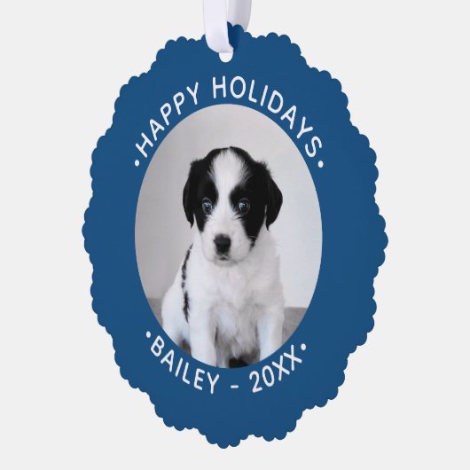 カスタムペットの写真と名前ブルー縁どホリデイ オーナメントカード (左)