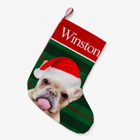 カスタムペットドッグフォトホリデーフパーソナライズされたレンチー スモールクリスマスストッキング (正面 (吊り時))