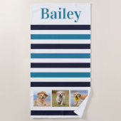 カスタムペットドッグ3フォトコラージアクアブルーストライプ ビーチタオル (正面)