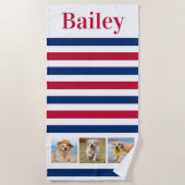 カスタムペットドッグ3フォトコラージレッドブルーストライプ ビーチタオル (正面)