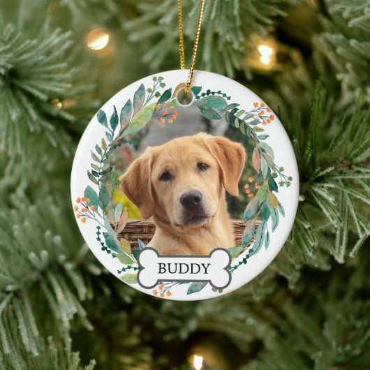 カスタムペットフォトウォーターカラーグリーンフローラリース セラミックオーナメント (ツリー)