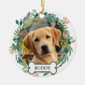 カスタムペットフォトウォーターカラーグリーンフローラリース セラミックオーナメント (正面)