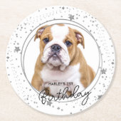 カスタムペットフォトシルバーグリッタースターズドッグ誕生日 ラウンドペーパーコースター (正面)